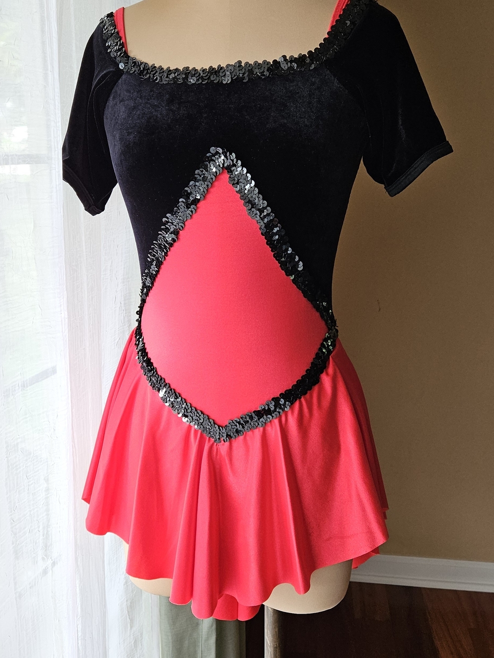 Black & Red Skater Dress with Black Velvet & Sequin Diamond Accent. Size Adult M